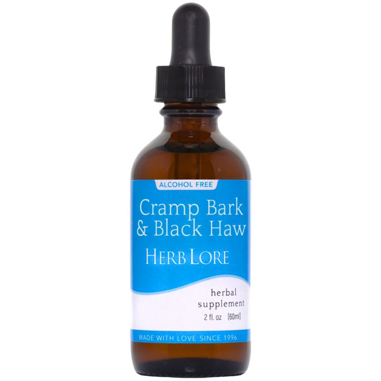 Amber glass dropper bottle labeled "Cramp Bark & Black Haw - Alcohol Free" by Herb Lore, 2 oz herbal tincture.