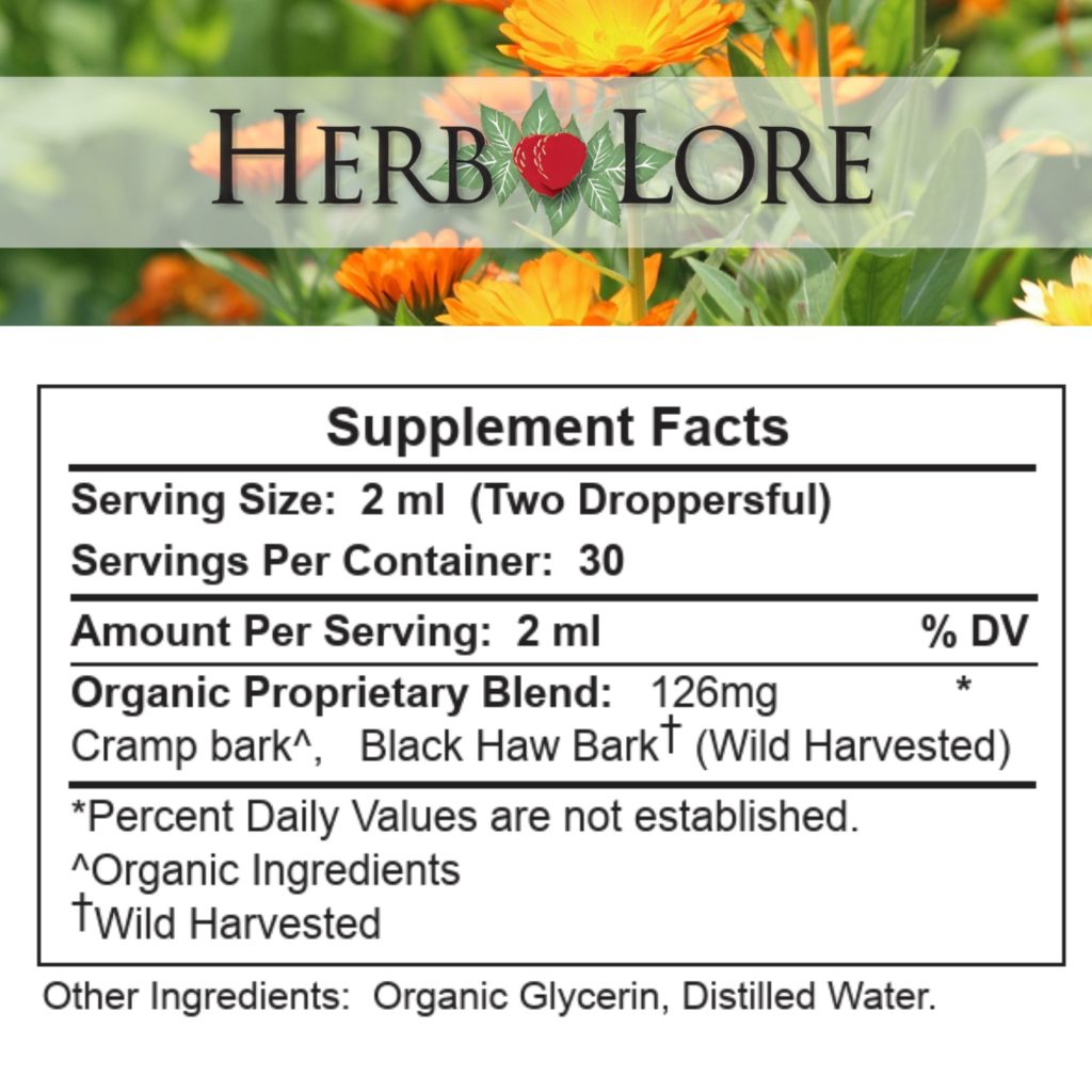 Herb Lore Cramp Bark / Black Haw Alcohol Free 2 fl oz Supplement facts panel listing ingredients and serving size.
