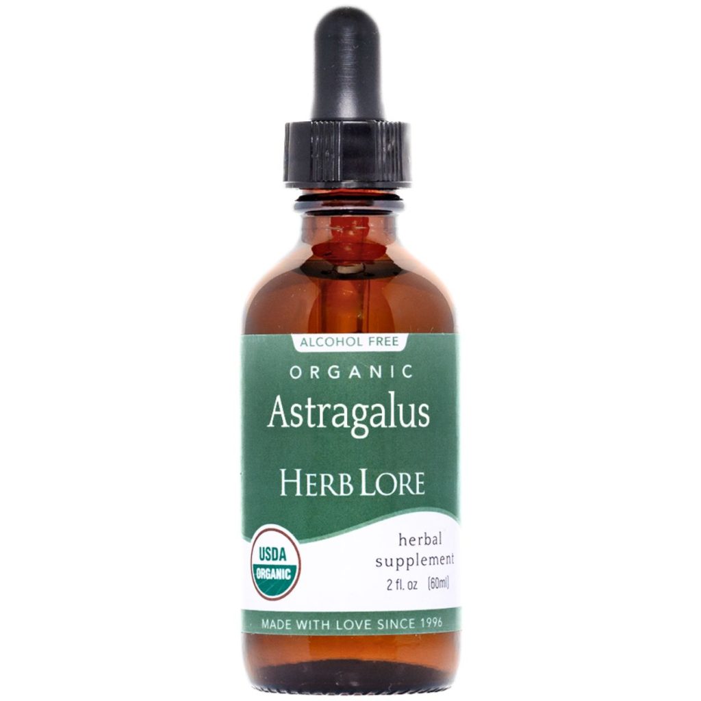 Close-up of Herb Lore Organic Astragalus Tincture 2 oz bottle with green label and dropper cap, featuring USDA Organic seal.