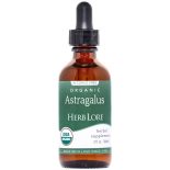 Close-up of Herb Lore Organic Astragalus Tincture 2 oz bottle with green label and dropper cap, featuring USDA Organic seal.