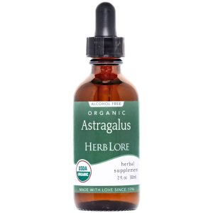 Close-up of Herb Lore Organic Astragalus Tincture 2 oz bottle with green label and dropper cap, featuring USDA Organic seal.