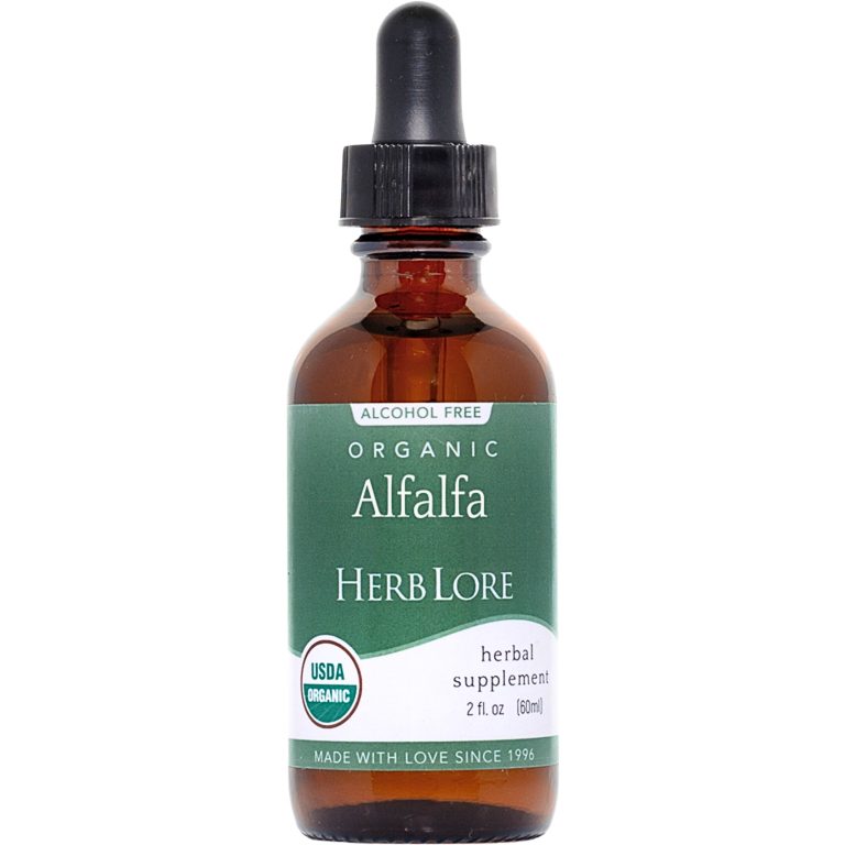 Herb Lore Organic Alfalfa Tincture in a 2oz amber dropper bottle with USDA Organic certification and a green label.