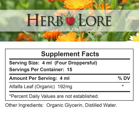 Supplement facts for Herb Lore Organic Alfalfa Tincture, showing 192mg organic alfalfa leaf per 4ml serving in a glycerin and water base. Supplement facts for Herb Lore Organic Alfalfa Tincture, showing 192mg organic alfalfa leaf per 4ml serving in a glycerin and water base.