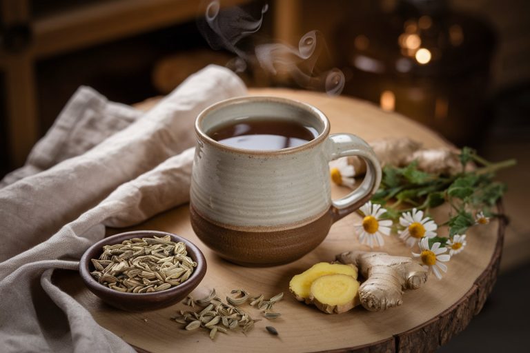 Warm herbal tea, fennel seeds, ginger slices, and chamomile flowers on a wooden table in a soft, cozy flat lay