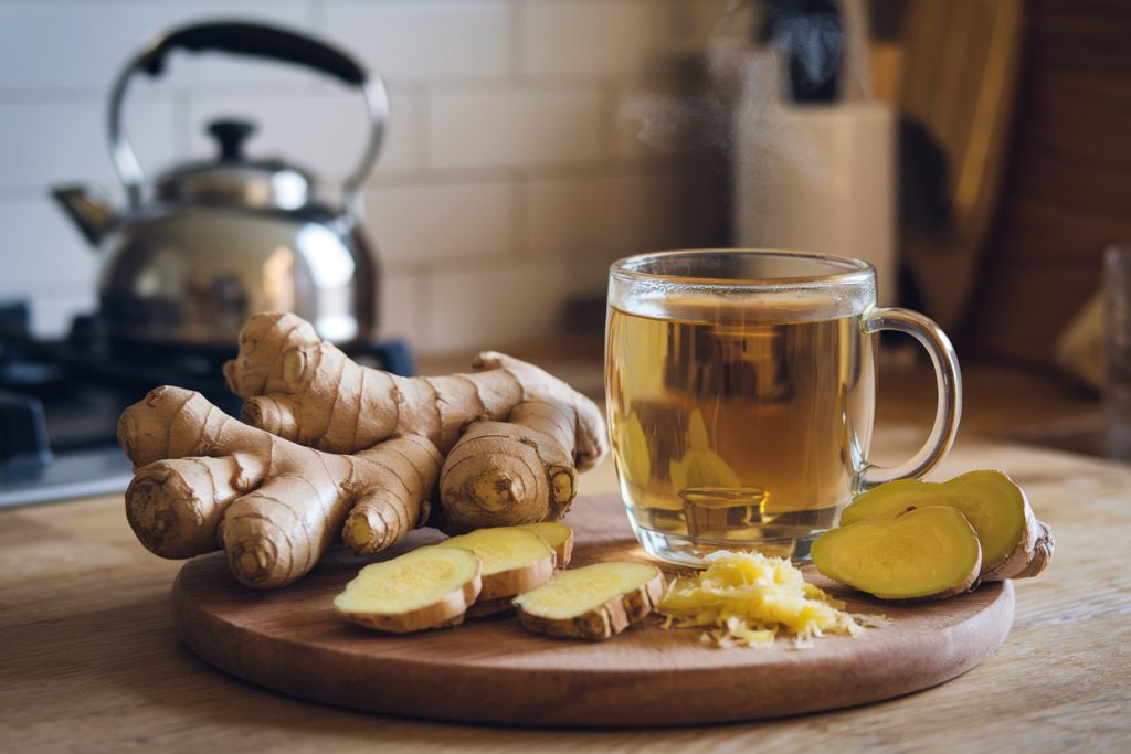 Fresh and sliced ginger with a warm cup of tea on a wooden cutting board.