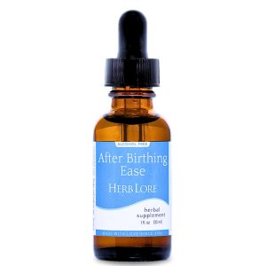 Bottle of Herb Lore After Birthing Ease tincture, 1 fl oz, alcohol-free formula in amber glass dropper bottle with blue and white label.