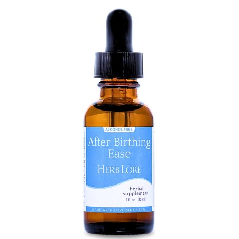 Bottle of Herb Lore After Birthing Ease tincture, 1 fl oz, alcohol-free formula in amber glass dropper bottle with blue and white label.