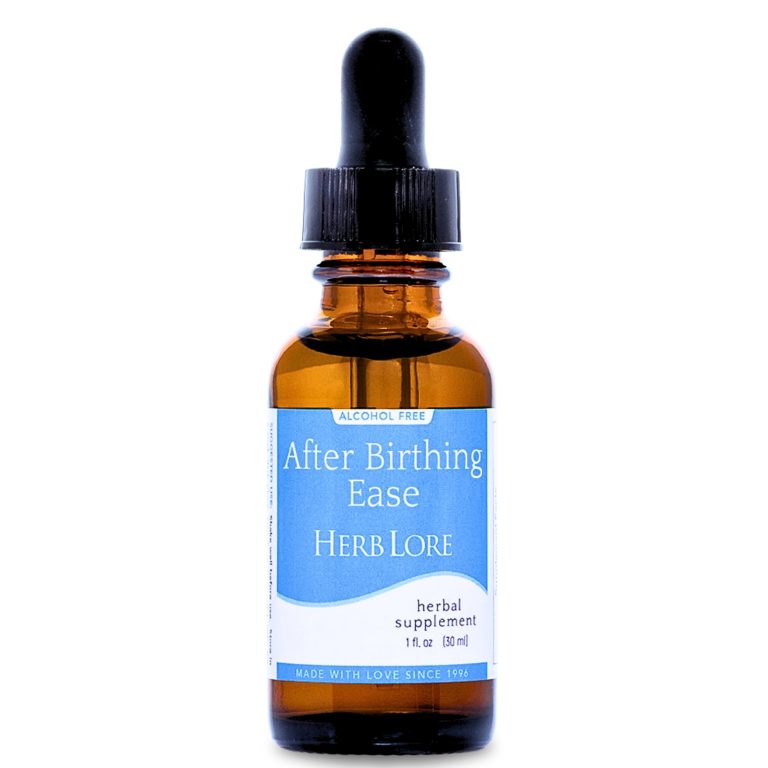 Bottle of Herb Lore After Birthing Ease tincture, 1 fl oz, alcohol-free formula in amber glass dropper bottle with blue and white label.