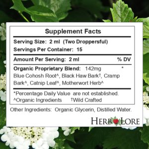 Supplement facts panel for Herb Lore After Birthing Ease tincture, 1 fl oz, listing organic and wildcrafted herbs in a proprietary blend.