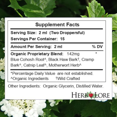 Supplement facts panel for Herb Lore After Birthing Ease tincture, 1 fl oz, listing organic and wildcrafted herbs in a proprietary blend. Supplement facts panel for Herb Lore After Birthing Ease tincture, 1 fl oz, listing organic and wildcrafted herbs in a proprietary blend.