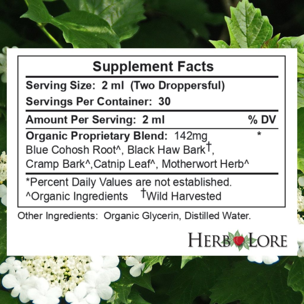 Supplement facts panel for Herb Lore After Birthing Ease tincture, 2 fl oz, listing organic and wildcrafted herbs in a proprietary blend.