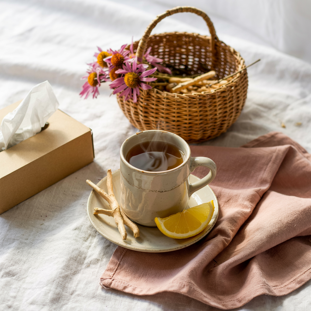 Herbal tea with astragalus and echinacea near it. There is a slice of lemon on the saucer and a box of tissues on the table.