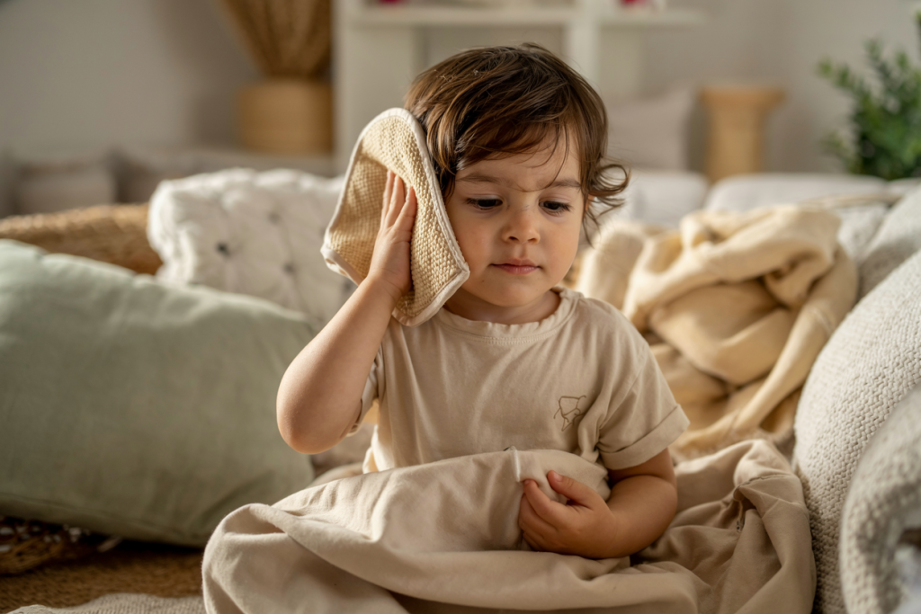 A young child sits wrapped in a cozy blanket, gently holding a warm cloth against one ear, illustrating a simple home remedy for eardrum pain.